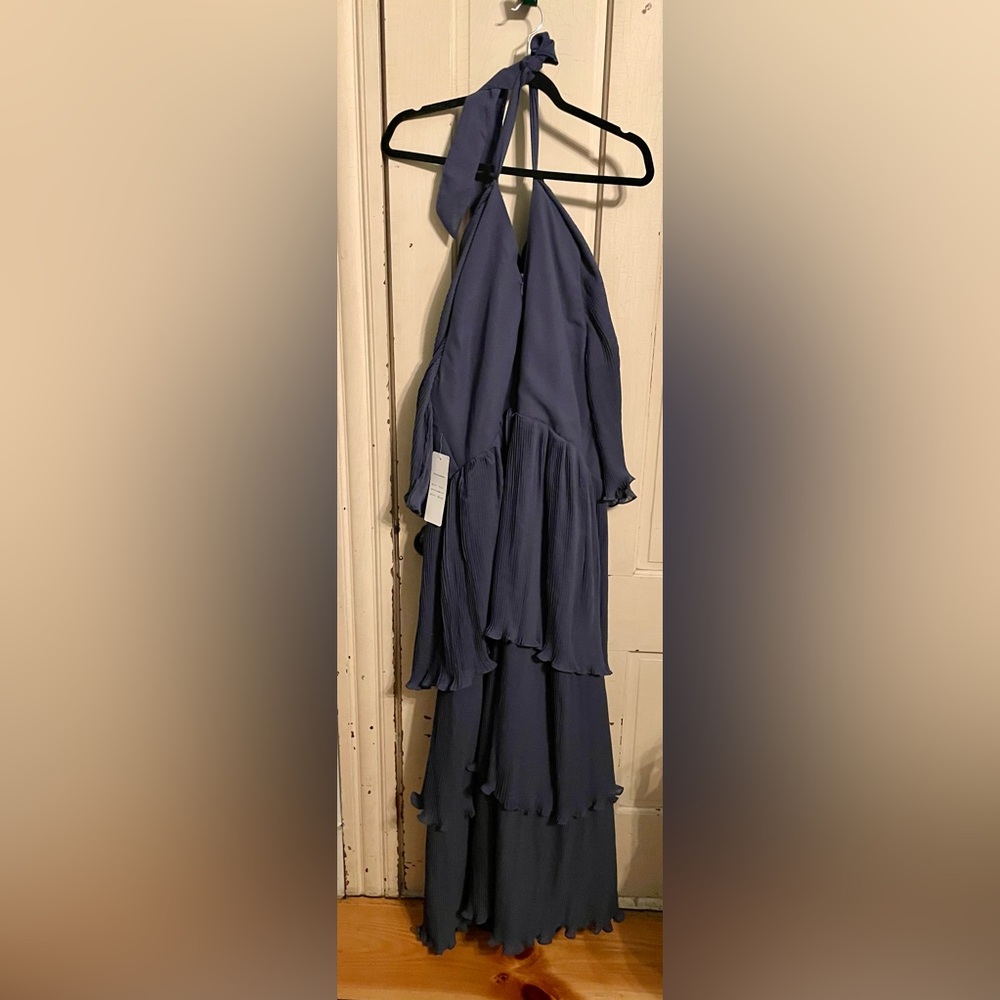 Elegant Blue Tiered and Pleated Halter Dress